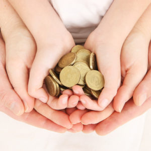 Three pairs of concentric hands with gold coins representing superannuation beneficiaries